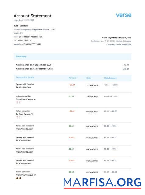 Realistic Lithuania Verse Payments account statement word example